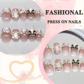 Pack of 30 Cat Eye False Nails Short, Pink Press On Nails French with Pearls, Rhinestones, Bow Design, Square Nails for Sticking Short, Artificial Fingernails for Women (Gold Pearl)