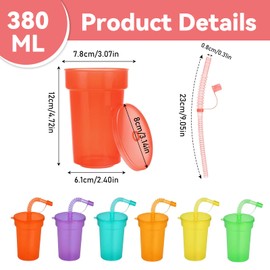 Pack of 12 Cups Party Cups Drinking Cups with Lid and Straws 380 ml Plastic Cups Reusable Cups Neon Sipper Cups for Iced Coffee Cold Drinking Smoothie
