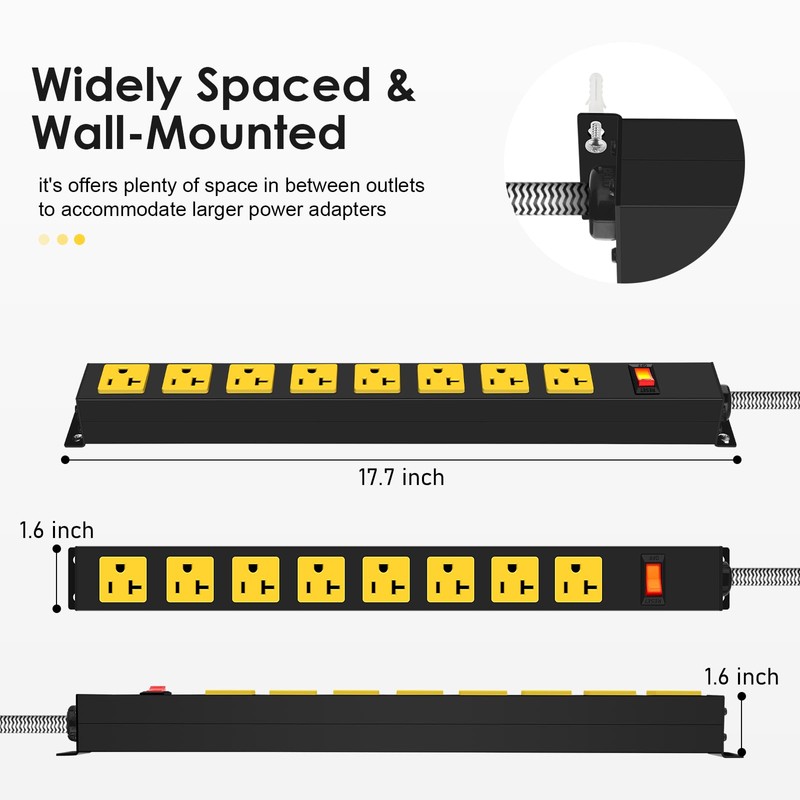 20Amp Power Strip Surge Protector, Durable Metal 8-Outlets with Heavy