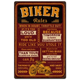 Hobbspring 1pc Vintage Metal Tin Signs 30x20cm Biker Rules Metal Signs When in Doubt Throttle Out Plaque Poster Motorcycle Wall Decor for Home Restaurant Bar Coffee Shop Garage Decor