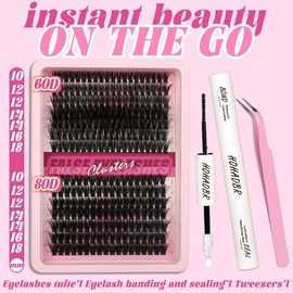 HOHADBR  Lash Clusters Wispy Lash Extension 60D+80D+100D Thick Volume Individual Lashes 10-18mm Cluster Lashes D Curl Cluster Eyelash Extensions  Lash by Self with Bond and Seal Lash Tweezers:_60D+80D
