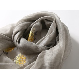 Jeelow Silk Wool Scarf Shawl Wrap Lightweight Sheer for Women Embroidered Design for Weddings Evening Dresses (Grey flowers)