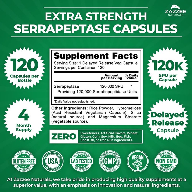 Zazzee Delayed Release Serrapeptase, 120,000 SPU per Capsule, 120 Vegan