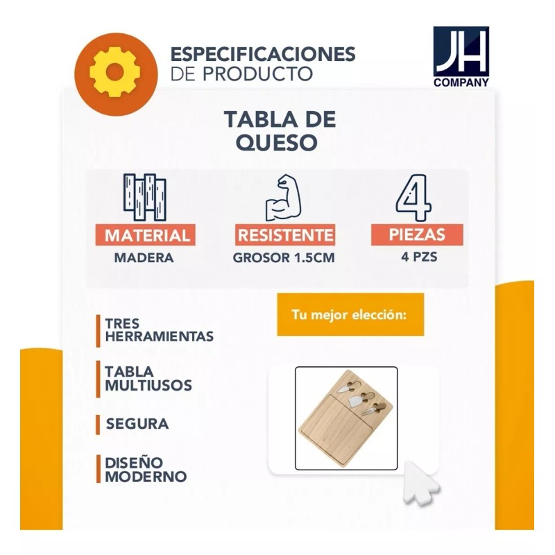 J.H. Companny Tabla Para Quesos Madera Con Utensilios Cortes Carnes