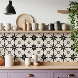 16 Pack, 5.9x5.9 Inch Star Compass Peel & Stick Tile Stickers Black-White Waterproof Removable Vinyl Backsplash Decals for Kitchen, Bathroom, Laundry, RV & Stair Risers (Beige)