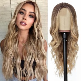 PORSMEER Long Wavy Wig, 66 cm Centre Parting Curly Wig, Natural Heat Resistant Synthetic Wig for Women, Daily Party (Brown Blonde)