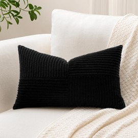 Sungeek Set of 1 Decorative Cushion Cover 30 x 50cm Soft Corduroy Striped Cross Patchwork Textured Pillow Covers Solid Lumbar Throw Pillow Cases for Sofa Bed Patio 12x20 Inch, Black