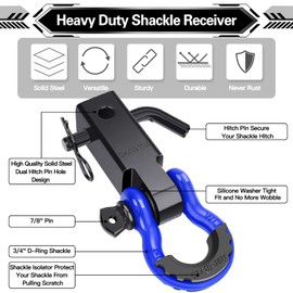 AUTOBOTS Shackle Hitch Receiver 2", 45,000 Lbs Break Strength Heavy Duty Receiver with 5/8" Screw Pin, 3/4" D Ring Shackles, Towing Accessories for Vehicle Recovery Off-Road, Blue&Black
