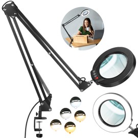12X Large Magnifying Glass with Light and Clamp, Real Glass, 5 Color Modes, Stepless Dimmable, 2 x 16 Inch Adjustable Swing Arm Stand Desk Lamp, LED Lighted Magnifier Hands Free for Close Work, Hobby