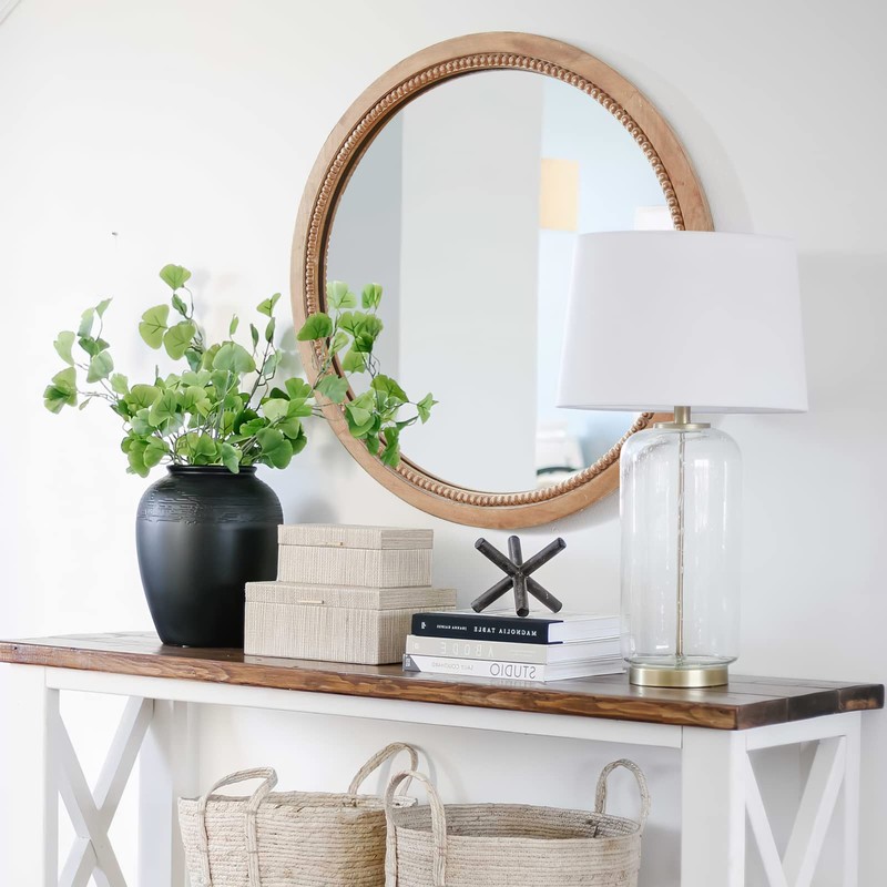 sawsile Round Wood Mirror,18 inch Circle Rustic Farmhouse Natural Wooden