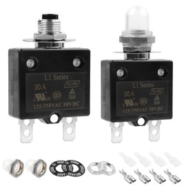 Tiooka 30A Manual Reset Button Circuit Breaker 2 Pack 125/250V AC 50V DC Thermal Overload Protector with Quick Connect Terminals and Waterproof Button Caps