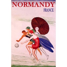 WONDERFULITEMS Normandy France Summer Beach Happy Women Playing Ball Sun Umbrella Travel 20" x 30" Image Size Vintage Poster repro Canvas Rolled up. We Have Other Sizes