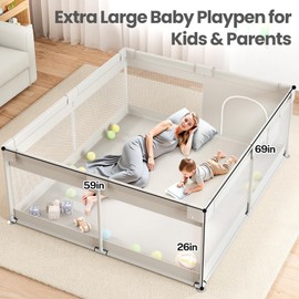 ZEEBABA Extra Large Baby Playpen - Playpen for Babies and Toddlers, Play Pen with Gate, Play Yard Baby Fence Play Area Zone Indoor, Sturdy Kids Play Pin (Gray, 69×59in)