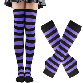 acdiac Women Striped Thigh High Socks&Gloves Rainbow Soft Knee Long Stocking Fingerless Gloves Tube Socks For Short Skirt Party-BlackPurpleStriped-OneSize