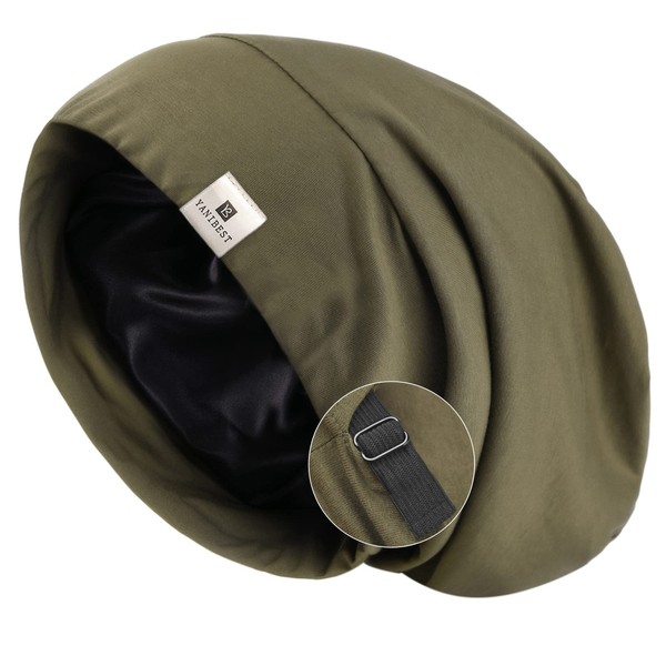 YANIBEST Silk Satin Bonnet Hair Cover Sleep Cap - Olive Green Adjustable Stay on Silk Lined Slouchy Beanie Hat for Night Sleeping