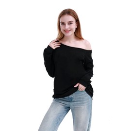 MAGICMK Woman’s Sweatershirt Lips Print Causal Blouse Off The Shoulder Long Sleeve Loose Slouchy Pullover Plus Size Tops(L) Black