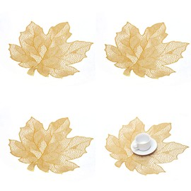 Hosoncovy 4 Pack PVC Placemats Maple Leaf Placemats Waterproof Oilproof Table Placemats Set of 4 Decorative Placemats for Home Table Wedding Party (Gold)