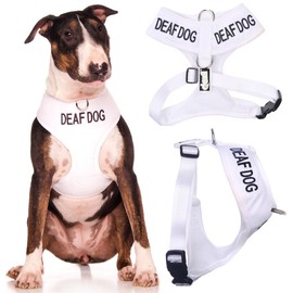 Deaf Dog (Dog Has Limited/No Hearing) White Colour Coded Non-Pull Front and Back D Ring Padded and Waterproof Vest Dog Harness Prevents Accidents by Warning Others of Your Dog in Advance (L)