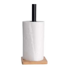 KOOK TIME Kitchen Roll Holder - Vertical Kitchen Roll Holder with Bamboo and Matte Black Metal Base, Ideal for Your Kitchen, 14 x 14 x 33 cm