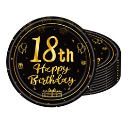 POPOYU 16pcs Black and Gold Paper Plates 18th, Happy Birthday Disposable Tableware Paper Plates 7 Inch,Happy 18th Birthday Decorations Plates for Men,Women,Him,Her 18th Birthday Gifts Party Supplies