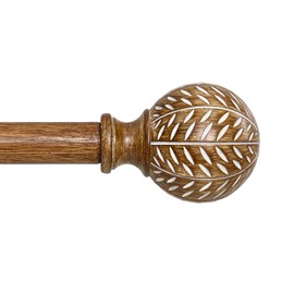 QDWIS Wood Curtain Rods for Windows 72 to 144 Inch(6-12ft),1'' Diameter Drapery Rods with Imitation Wood Grain Leaf Pattern Finials,Boho Adjustable Heavy Duty Curtain Rods Set,36-150''