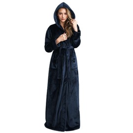 Hellomamma Long Hooded Robe for Women Luxurious Flannel Fleece Full Length Bathrobe Winter Warm Pajamas Shower Nightgown Navy Blue Medium