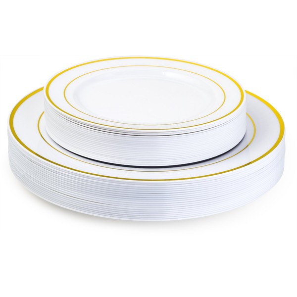 Laura Stein Designer Dinnerware Set of 40 Premium Plastic Wedding/Party Plates: White, Gold Rim. Set Includes 20 10.75" Dinner Plates & 20 7.5” Salad Plates | Classic Series