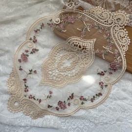 2pack Vintage Oval Lace Table Placemats , Exquisite Flower Embroidered Doilies vase mat , 12 X 18 Inch (Beige)