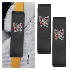 2PCS Bling Car Seat Belt Covers, Polyester Fiber Vehicle Seatbelt Cushion Pad Protector, Butterfly Safe Strap Cover Pad, Comfort Car Seat Belt Shoulder Pads Accessories, Universal Fit (Black/Red)