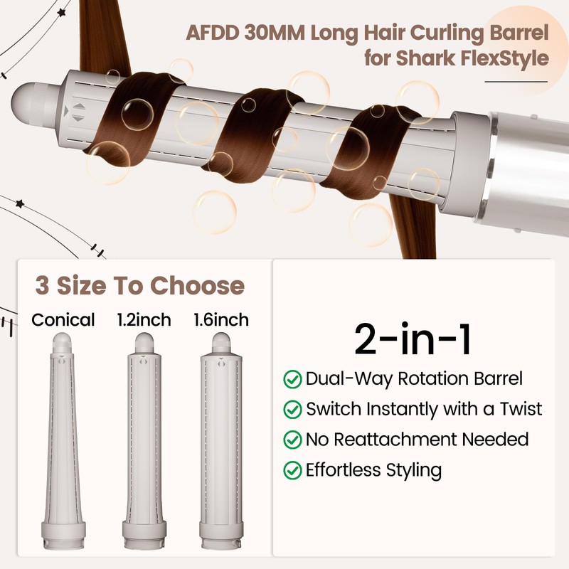 AFDD 1.2in Long Hair Curling Barrel Attachment Compatible with Shark