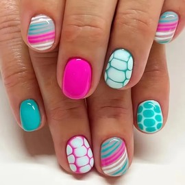 Press on Nails Short Oval Fake Nails with Designs Tortoise Shell False Nails for Women Colorful Stripe Stick on Nails Pink Glue on Nails Full Cover Artificial Acrylic Nails Square Fake Nails 24Pcs