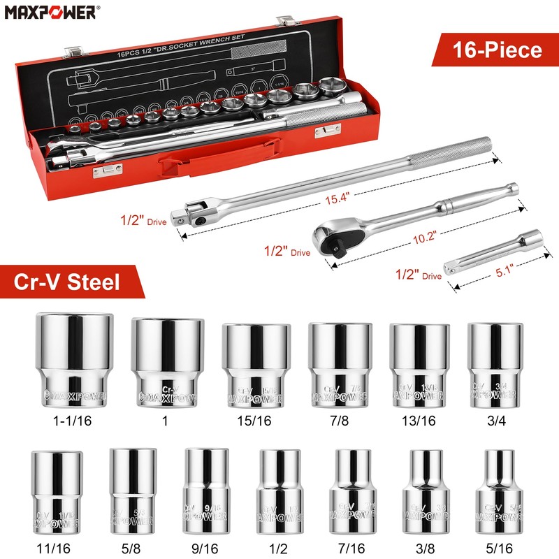 MAXPOWER 1/2" Drive Socket Wrench Set, 16-Piece, Including 13-Piece SAE
