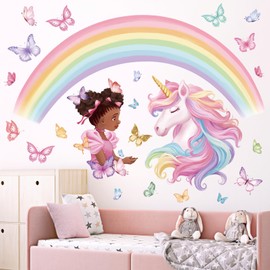 wondever Large Rainbow Unicorn Wall Stickers Black Girls Butterfly Peel and Stick Wall Art Decals for Baby Nursery Girls Bedroom Toddler Room