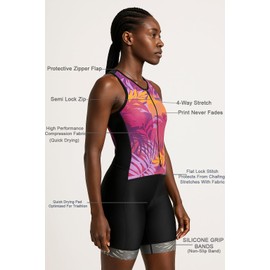 WIXEN Women's Triathlon Suit Sleeveless Tri Suit Padded Cycle Race Swim Bike Run Trisuit Back Pockets Multi_Leafs_s