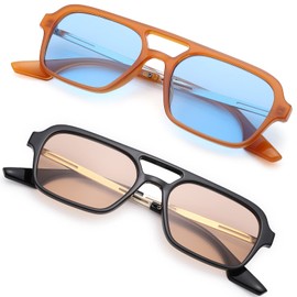 Hycredi Retro 70s Flat Aviator Sunglasses Trendy Vintage Square Glasses for Women Men Metal Design Shades UV Protection (Orange/Blue + Black/Brown)