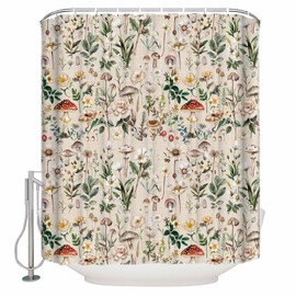 Anzona Spring Mushroom Botanical Waterproof Shower Curtains Set - Extra Long 72 x 96 Inch, Summer Farmhouse Wild Flowers Polyester Fabric Bathroom Curtain with 12 Hooks, Bathroom Accessories, 1 Panel
