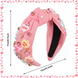 Valentines Day Headband for Women Pink Love Heart Crystal Knotted Hairbands Jeweled Rhinestone Pearl Wide Top Knot Head Band for Women Girls Valentines Day Hair Accessories Holiday Gifts