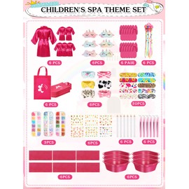Suhine 6 Set Spa Party Supplies for Girls, Kids Satin Robes Nail Salon Kit Spa Kit Accessories for Birthday Party Favors (Rose Red)