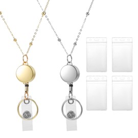 2 Pcs Necklace Badge Holder for Women Zinc Alloy Badge Lanyards with Waterproof ID Card Buckle and Holders Work Necklace Retractable Reel Clip Chain Suitable Teacher Key Bank Cards Gold Silver