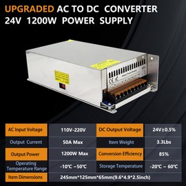 SWTPWR 24V Power Supply AC 110V to DC 24V Converter AC to DC Converter SMPS 24V 50A 1200W AC/DC Power Adapter 24v Transformer Designed for LED Car Devices and CCTV