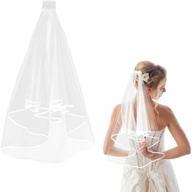 Short Wedding Bridal Veil with Comb, 2 Tier Tulle Bride Veil Elbow Length Wedding Veil Ribbon Edge 60-80cm/23-31in