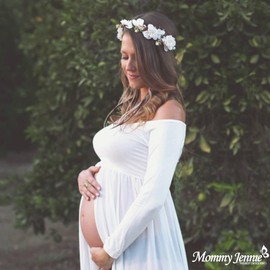 Mommy Jennie Maternity Dress Off Shoulder Long Sleeve Split Front Chiffon Gown for Photoshoot,White