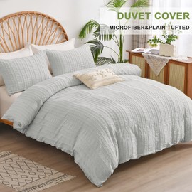 DJY Light Grey Boho Duvet Cover Set Double Size 3PCS-Striped Plain Tufted Bedding Set, Soft and Lightweight Bed Cover with Zipper Closure (Double, 200x200cm)