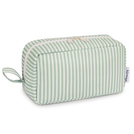 Narwey Cute Makeup Bag Small Toiletry Bag Travel Cosmetic Bag Organizer Make Up Bags with Organized Pockets for Women (Mint Green Stripe, Large)