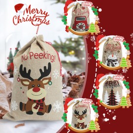 PerFest 13.8'' x 19.7'' Christmas Medium Burlap Sacks – Christmas Hessian Linen Drawstring Goody Gift Bags. 4 Designs : Reindeer, Tree, Car, Snowman. Pack of 4