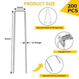 CEWOR CEWOR 200 Pack Landscape Staples 6 Inches, 11 Gauge Galvanized Landscape Fabric Stakes Metal Garden Ground Stakes Sod Pins for Lawn, Barrier Fabric, Holding Fence, Ground Cover