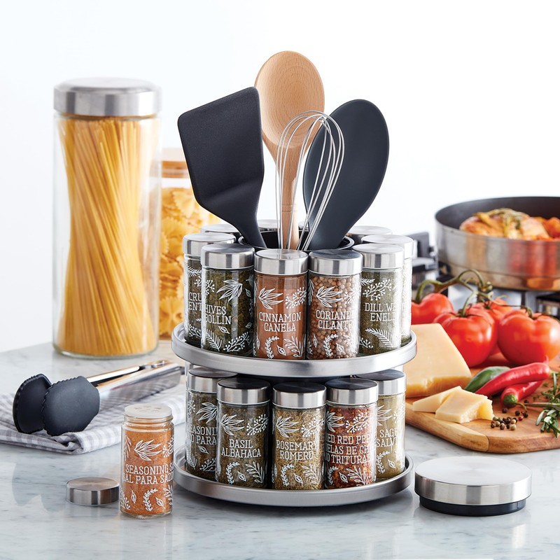 Kamenstein 20 Jar Revolving Spice Rack with Integrated Tool Caddy,