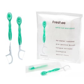 Freshee Bead -5 in 1 Disposable Mini Toothbrush with Refreshing Bead + Floss + Pick + Tongue Scraper | Travel Size | Individually Wrapped | Soft | Extra Minty | Travel Set