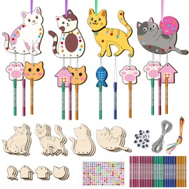 Nourdom Wind Chime Craft Set Children, 12 Pieces Wooden Cats Creative Wind Chime Craft Tones Craft Wooden Toy for Painting for Girls Boys Birthday Gift