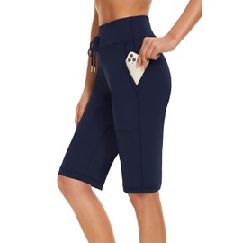 movvoche Bermudas deportivas de 12 pulgadas para mujer, longitud hasta la rodilla, para correr, entrenamiento, bolsillos elásticos, marino, XXL